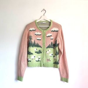 Zara Pink / Green Sheep Meadow Button Up Knit Cardigan Size Large